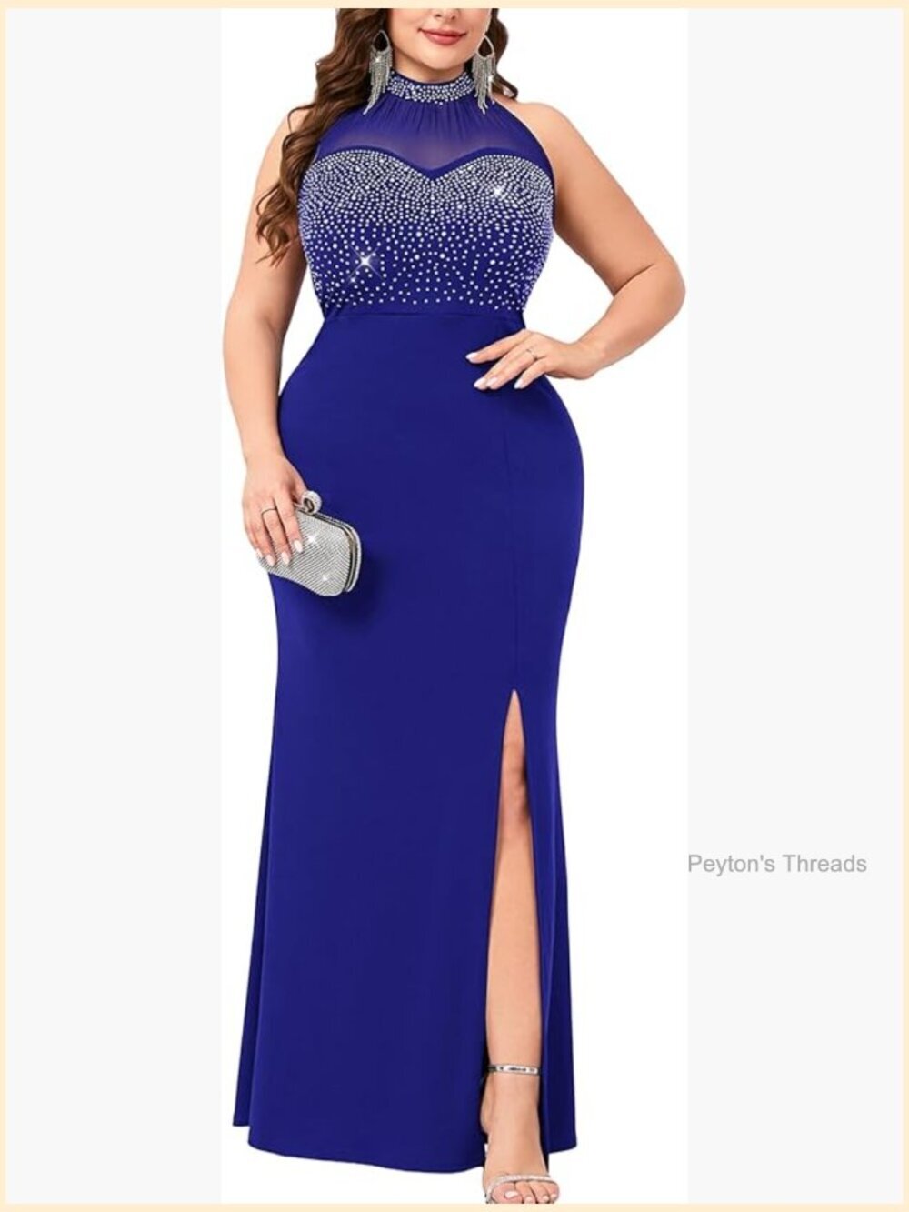 Plus Size Rhinestone Halter Neck Maxi Dress with High Split Evening Gown